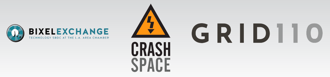 Business logos with Bixel Logo, Crash Space logo, and Grid 110 logo